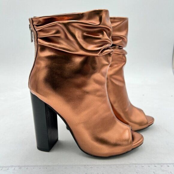 Brown Peep Toe Slouch Ankle Boots Chunky Stacked Heels Party Dress Shoes - Picture 3 of 6